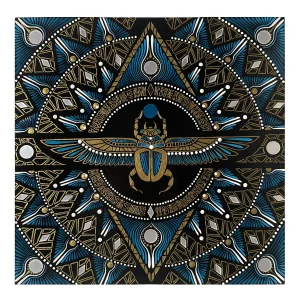 Mandala Khepri tableau fait main carre bleu or scarabee aile 40x40cm