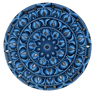 Mandala Shyama tableau fait main rond bleu miroirs argentes 40cm