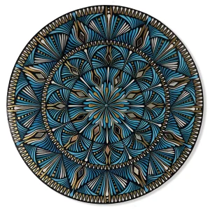 Mandala Indivara impression sur toile rond bleu blanc strass miroirs 40cm