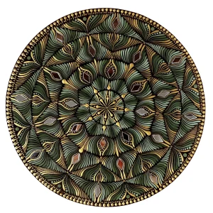 Mandala Ashvattha tableau fait main rond vert marron bronze 30cm