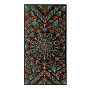 Mandala Chaitanya tableau fait main panoramique turquoise orange vibrant 40x80cm