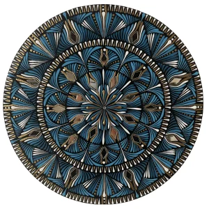 Mandala Indivara tableau fait main rond bleu roi or blanc miroirs 30cm