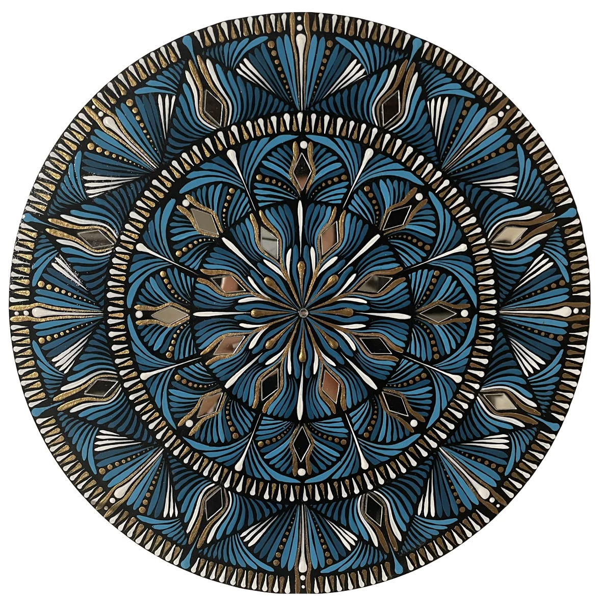 Mandala Indivara tableau fait main rond bleu roi or blanc miroirs 30cm