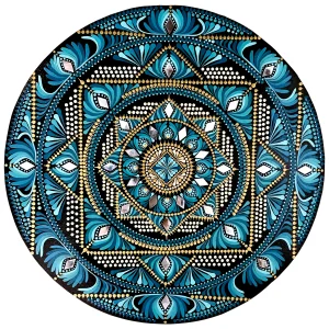Mandala Kshetra tableau fait main rond vert et or 40cm
