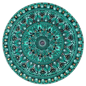 Mandala Marakata tableau fait main rond emeraude or miroirs 40cm