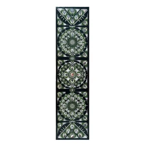 Mandala Taruni tableau fait main panoramique vert blanc miroirs 21x84cm