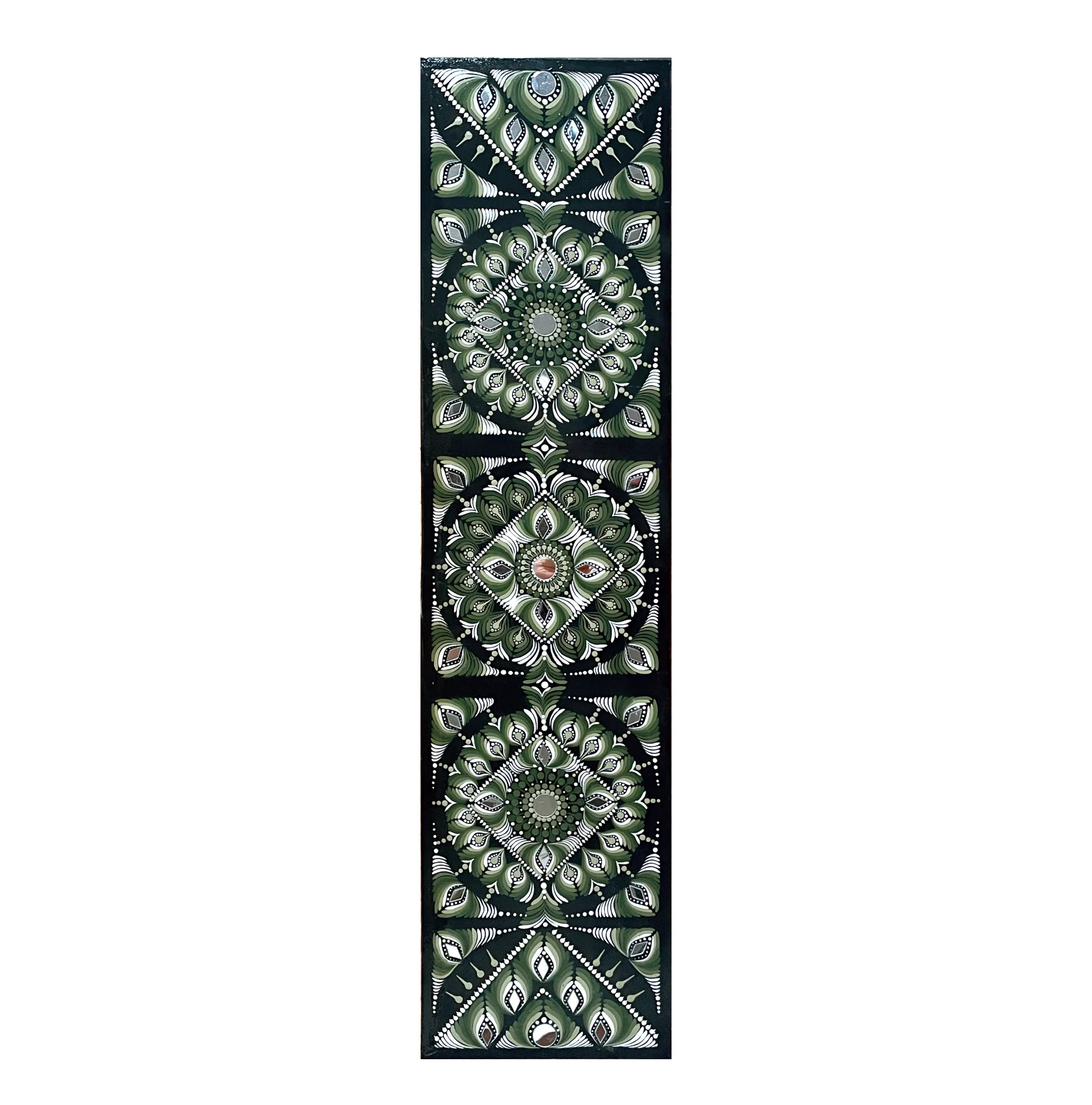 Mandala Taruni tableau fait main panoramique vert blanc miroirs 21x84cm