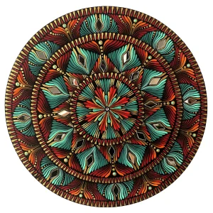 Mandala Mohawks tableau fait main rond turquoise orange 30cm