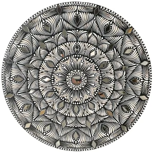 Mandala Suddhata tableau fait main rond blanc creme miroirs 30cm