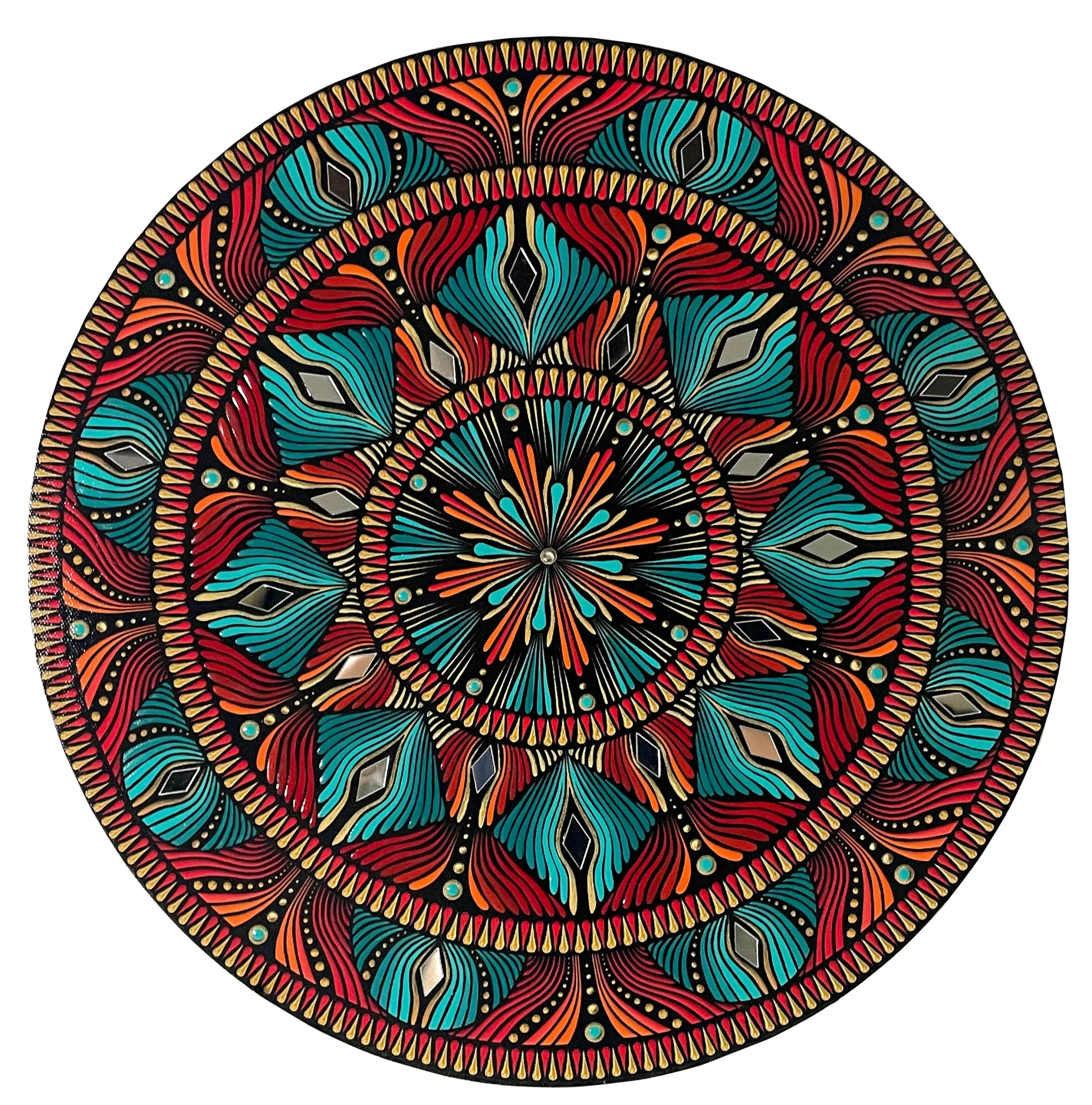 Mandala Mohawks impression sur toile rond turquoise orange amerindien 40cm