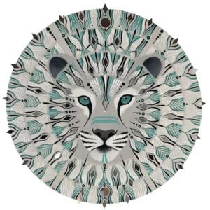 Mandala Marjara tableau fait main rond fond clair regard felin turquoise 40cm